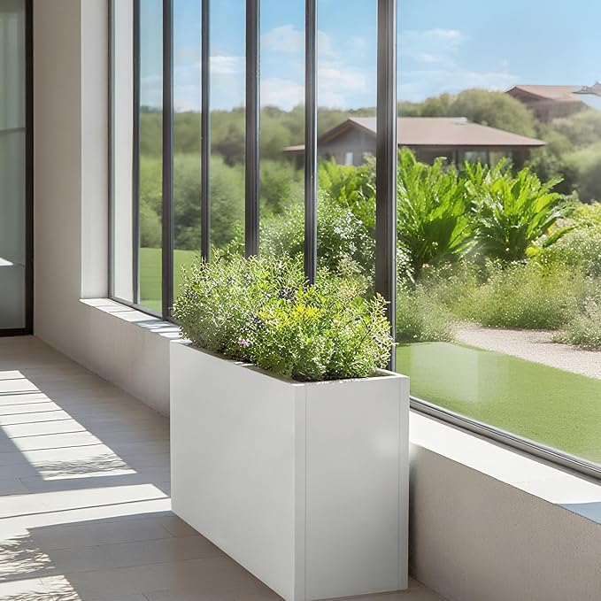 Galvanized Steel Metallic Heavy Planter for Outdoor Plants Metal Outdoor Planter Spliced Flower Box with Partitions for Outside,Indoor,Garden (White, 30 * 12 * 24)