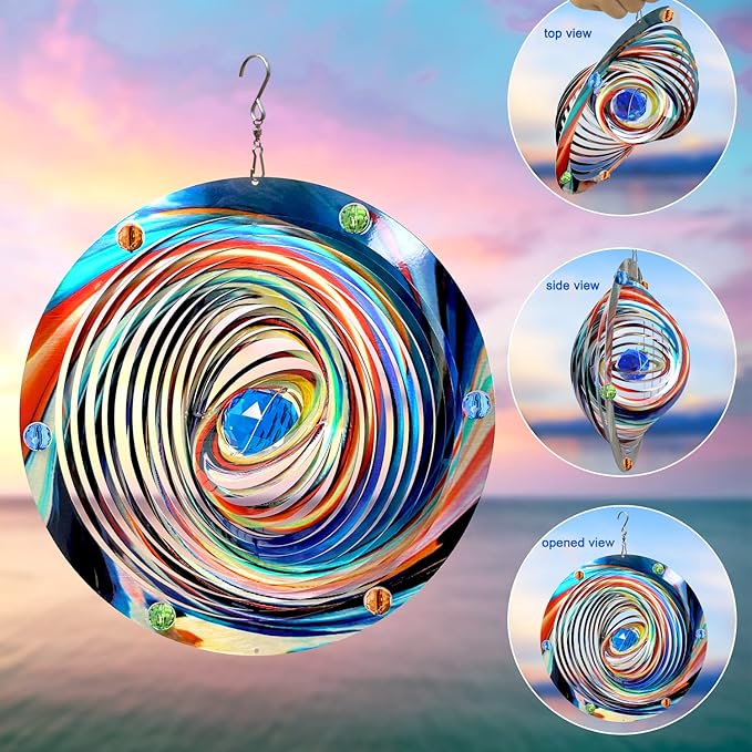 FONMY Mandala Wind Spinner w/Crystal Ball-Blue Plenet 3D Stainless Steel Hanging Spinners Worth Gift Christmas Decoration Indoor/Outdoor Garden Décor Kinetic Yard Art 12 Inches Wind Sculpture