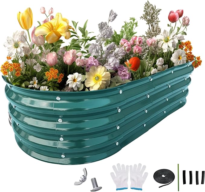Galvanized Metal Raised Garden Bed 4x2x1ft Large Raised Planter 1Pack Outdoor Blue Planter Box with Rubber Stripe and Safety Gloves for Vegetables, Fruits, Flowers