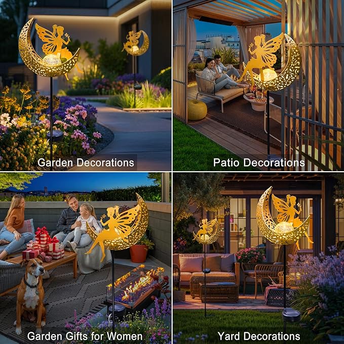 Fairy Moon Solar Lights Outdoor Garden Gifts for Women Yard Decorations Stakes Lights, Waterproof LED Outside Backard Decor, Lawn Patio Ornaments, Mothers Day Birthday Gifts for Mom (Gold,1Pack)