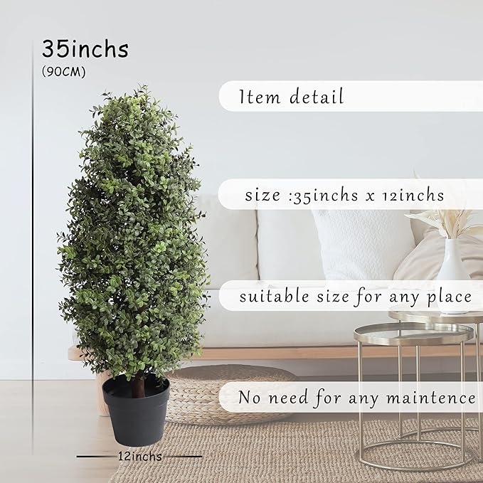 35inch Artificial Topiary Boxwood Tree, Faux Plants Outdoor 2 Packs Fake Bushes Faux Shrub, Artificial Topiary for Outdoors for Home Decor Indoor Front Porch