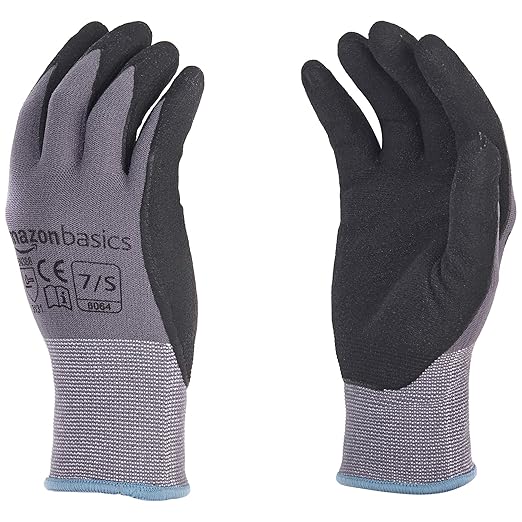 Amazon Basics Micro-Foam Nitrile Coated Work Gloves, Nylon Liner Fiber, Touch Screen, Grey, Size 7/S, 12-Pair