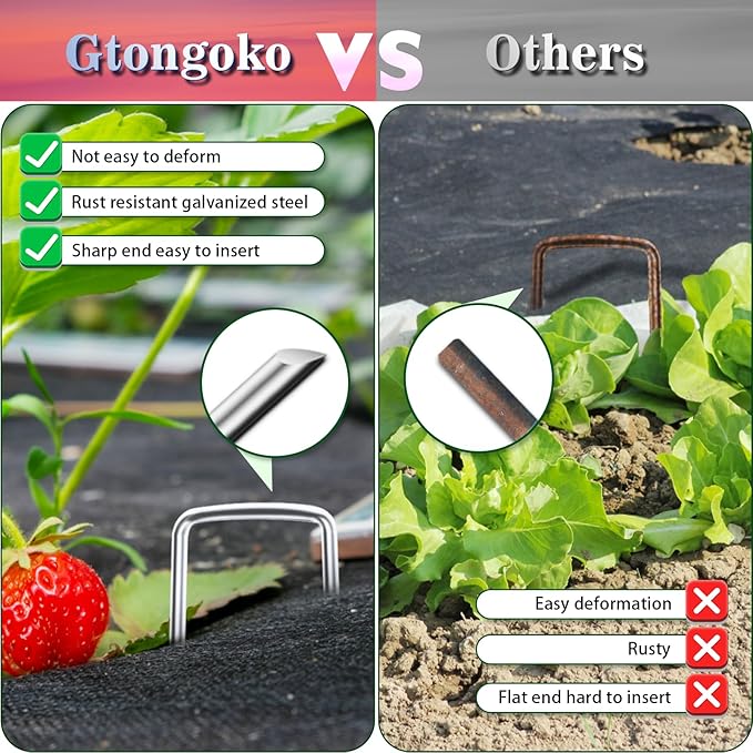 Gtongoko Landscape Staples 10 Inch 11 Gauge 50 Pack Garden Stakes Upgraded Tent Stakes Galvanized SOD Pins Ground Stakes Yard Stakes for Weed Barrier Fabric Ground Plant Cover Stakes Outdoor Décor