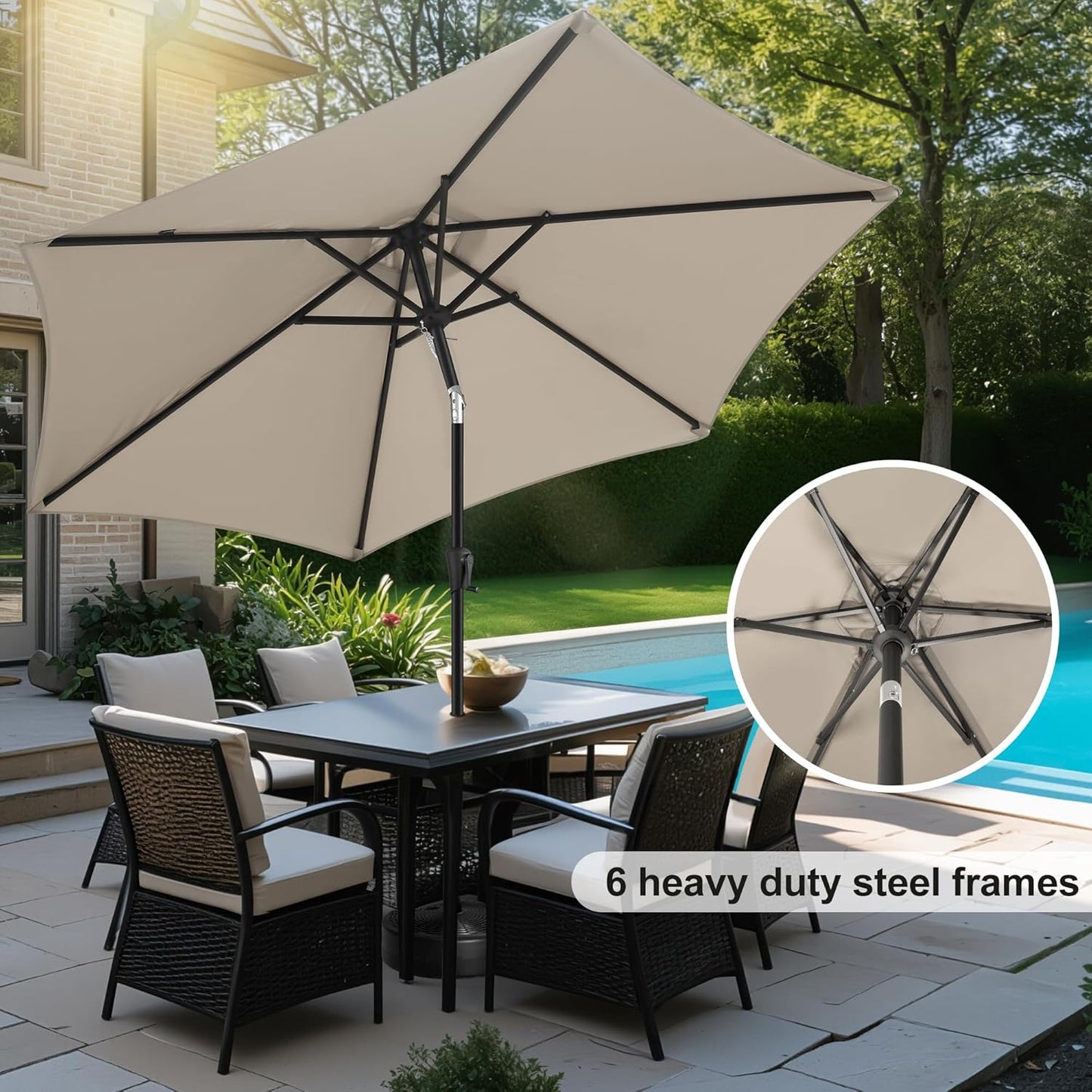 FLAME&SHADE 10ft Patio Umbrella - Outdoor Umbrella with 6 Sturdy Ribs, Push Button Tilt and Crank, UV Protection Table Market Umbrella for Pool, Porch，Garden, Deck, Backyard (Taupe)