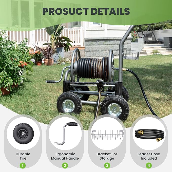 Giraffe Tools Hose Reel Cart, Hose Cart with Wheels Heavy Duty, Industrial Hose Reels for Outside, 250-Feet of 5/8" Hose Capacity, Hose Guide Pre-Installed