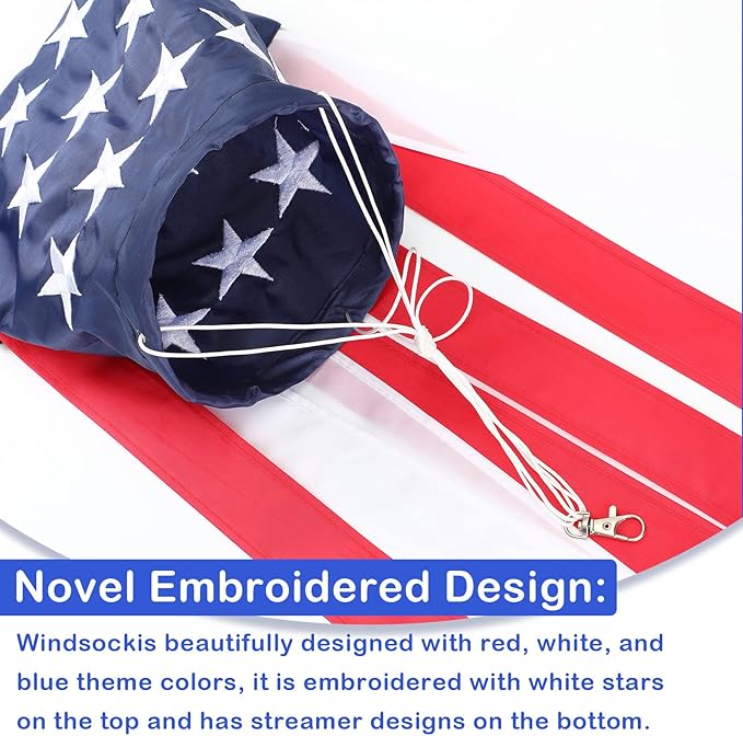 40 Inch American US Flag Windsock Outdoor USA Patriotic Decorations Embroidered Wind Socks Outdoor Hanging Fade Resistant 4th of July Windsock Independence Day for Garden Yard (6 Pcs)
