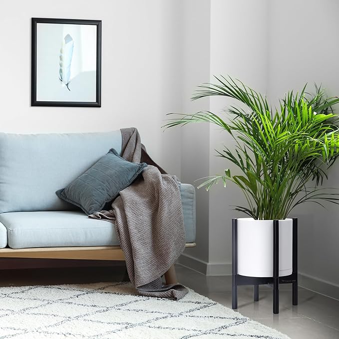 D'vine Dev Planter Pot with Stand - 10 Inch Plastic Cylinder Flower Pot with Wood Planter Holder for Indoor, Matte White Pot + Ebony Stand, 55-C-N-1