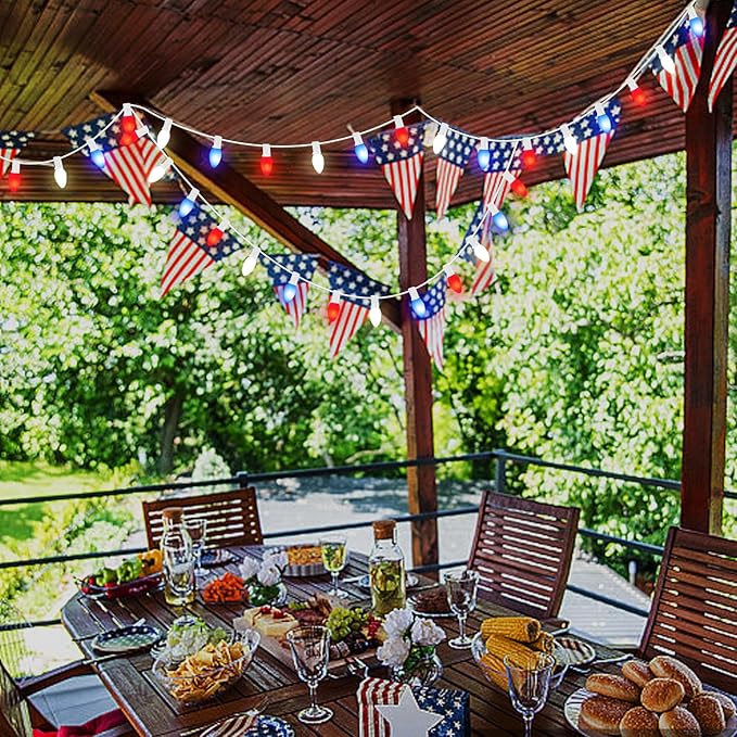 4th of July Decorations Lights, 25Ft C7 Outdoor Red White and Blue String Lights with 27 Shatterproof LED Bulbs, Hanging Patriotic Decorations Light for Indoor Independence Day Patio Garden Backyard