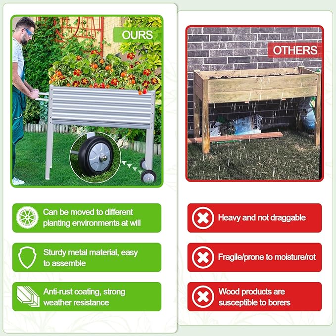 Galvanized Raised Garden Bed with Legs, Metal Raised Planter Box with Drainage Holes Outdoor Elevated Garden Bed on Wheels for Backyard, Patio, Balcony