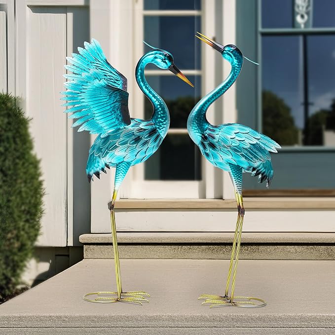 36.75" Metal Crane Garden Statue - Handmade Oversize Heron Sculptures with Stable Ground Stakes, Backyard Large Bird Decoration, Metal Garden Art.