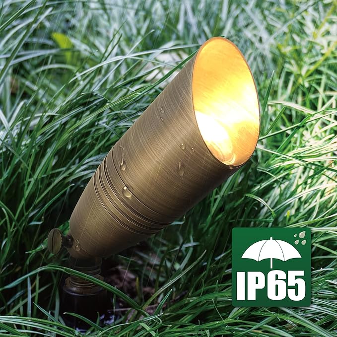 GKOLED 6 Pack Solid Brass Landscape Spotlight, 12V AC/DC Outdoor Low Voltage Landscape Lights, Garden Patio Trees Spot Up Light, Directional LED Uplight Waterproof Fixture with ABS Spike, No MR16 Bulb