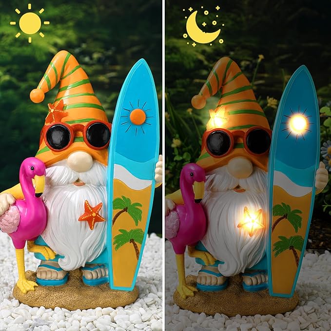 Funny Solar Gnomes Garden Decor Surfer Gnome Figurine with Flamingo Summer Beach Gnomes Solar Light Outdoor Funny Lawn Statue for Patio, Lawn, Yard, Porch,holiday Women Gift,9.1 Inch Tall