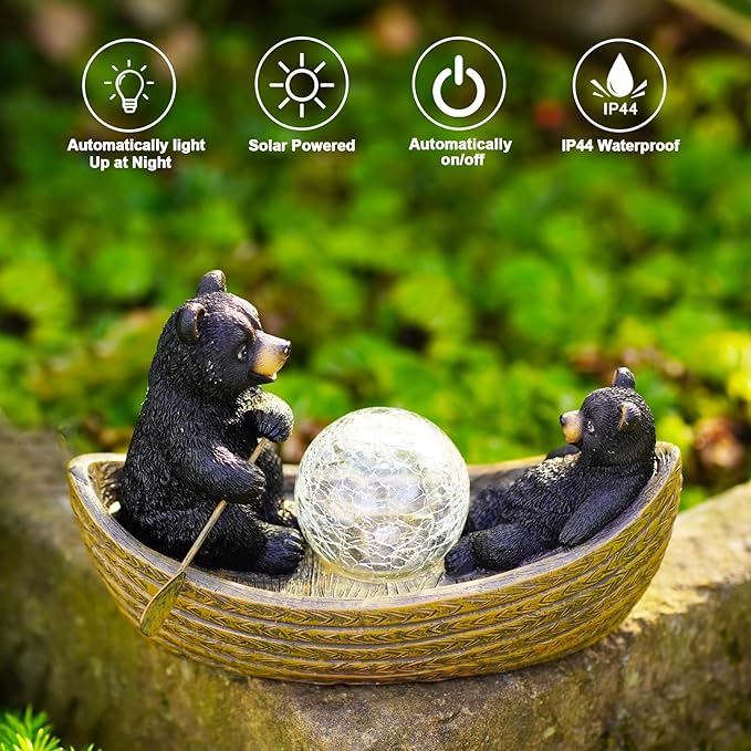 Goodeco Solar Bears Boating Statue - Waterproof Outdoor Bear Decor with Solar Gazing Ball Lights - Great Gift for Bear Lovers and Garden Enthusiasts - Ideal Gifts for Mom & Birthdays