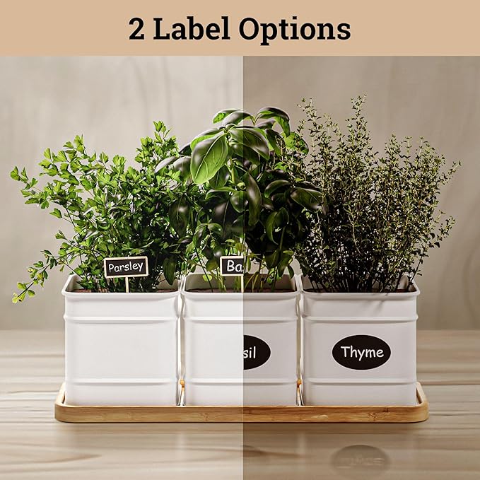 Herb Planter Indoor - 3 Iron Herb Pots with Drainage Holes, Varnished Bamboo Tray, Customizable Labels & Marker Pen - Indoor Herb Garden Planter - 3 Pots for Herbs - Inside Spice Garden - Basil Pot