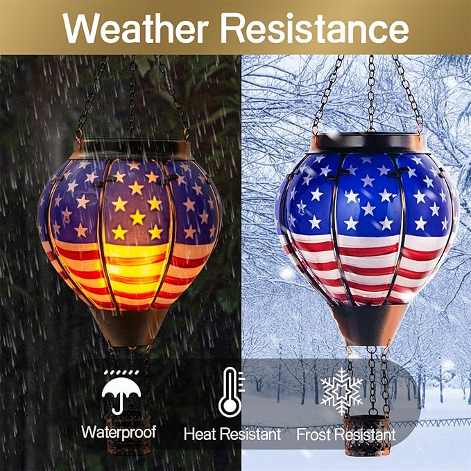 18inch Hot Air Balloon Solar Lantern with Flickering Flame Hanging Solar Outdoor Lantern Lights Waterproof Lanterns for Garden Patio Yard Party Decoration Star Flag