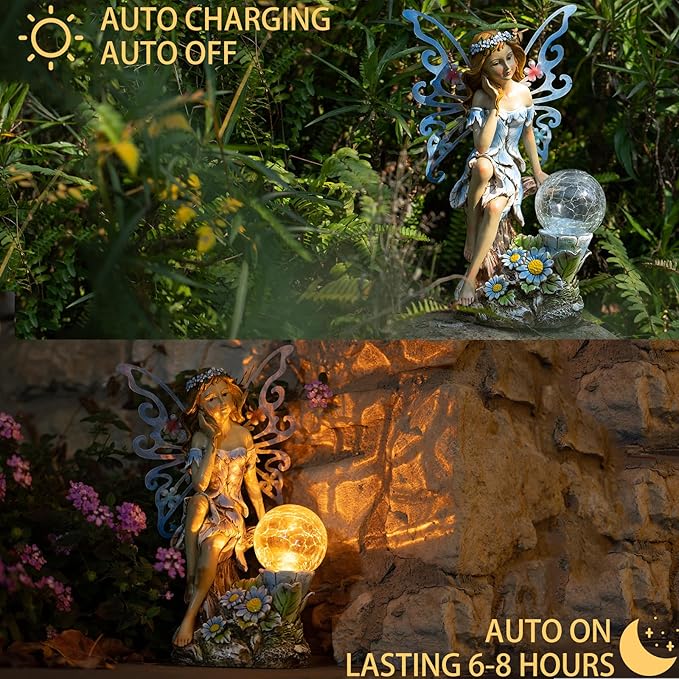 Garden Fairy Decor,Solar Outdoor Statues, Fairy Garden Accessories, Fairy Figurine for Outside Gifts,Resin Ornaments for Patio Yard Lawn,Size6.89 x 5.24x 12.68 inches