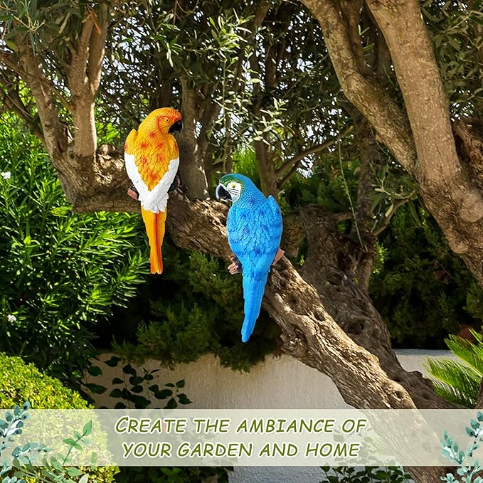 2 Pieces Parrot Decor Outdoor Tiki Bar Decorations Large Realistic Parrot Statues for Outside Lifelike Bird Sculptures Garden Patio Yard Lawn Figurines for Tropical Animal Tree Wall(Blue, Yellow)