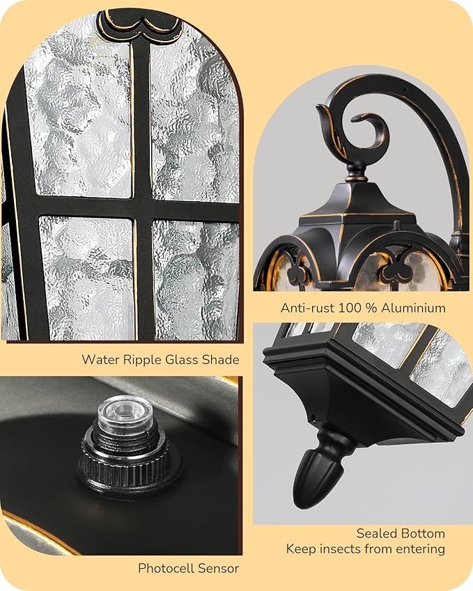 EDISHINE Dusk to Dawn Outdoor Wall Lights, Porch Light Fixture with GFCI Outlet, Exterior Wall Lantern with E26 Socket, Waterproof Outside Wall Sconce Wall Mount Lamp for Front Door, Patio, Garage