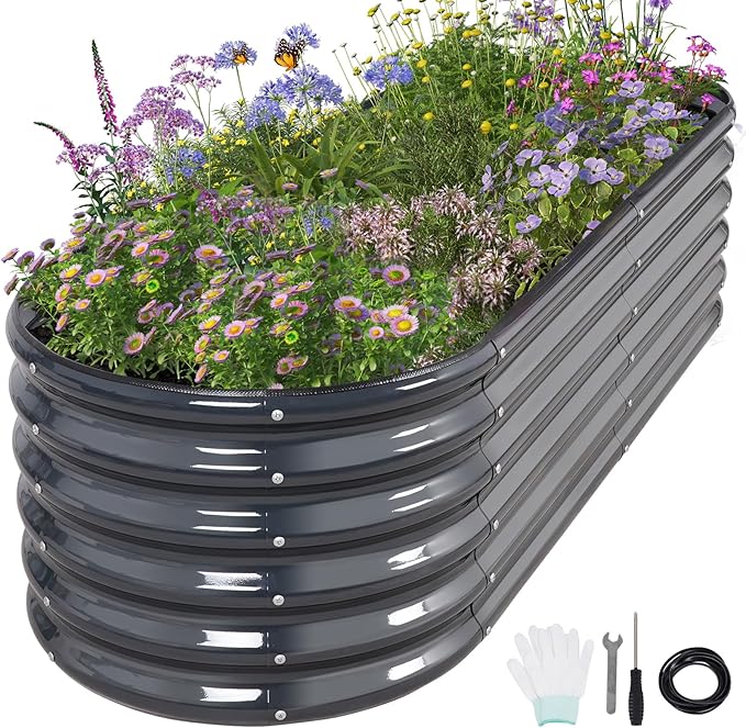 Galvanized Raised Garden Bed Outdoor- Raised Beds for Gardening| Metal Planter Box, Steel Raised Garden Bed Kit with Safety Edging and Gloves for Vegetables, Flower, Herbs (6x2x1.4FT, Gray)