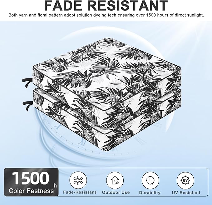 Favoyard Outdoor Chair Cushion 24 x 24 x 4 In Waterproof Pattern Fade Resistant Cushions for Patio Furniture with Removable Cover Attach Straps 28D Foam Insert Cushions Pads for Seat Sofa Couch 2 Pack