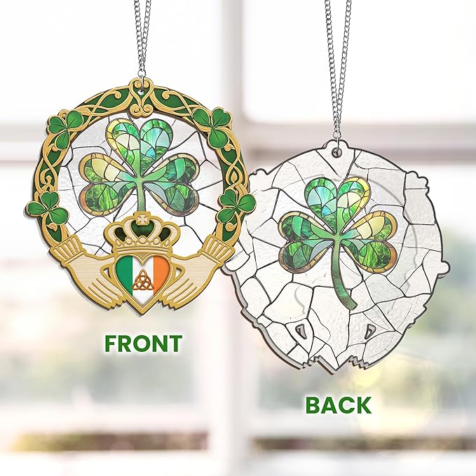 FLAGWIX Irish Gifts for Women, Men - Christmas, Birthday Gifts for Women, St Patricks Day, Shamrock Decorations, Good Luck Gifts, Claddagh, Celtic Home Decor - Window Suncatcher Hanging Decorations