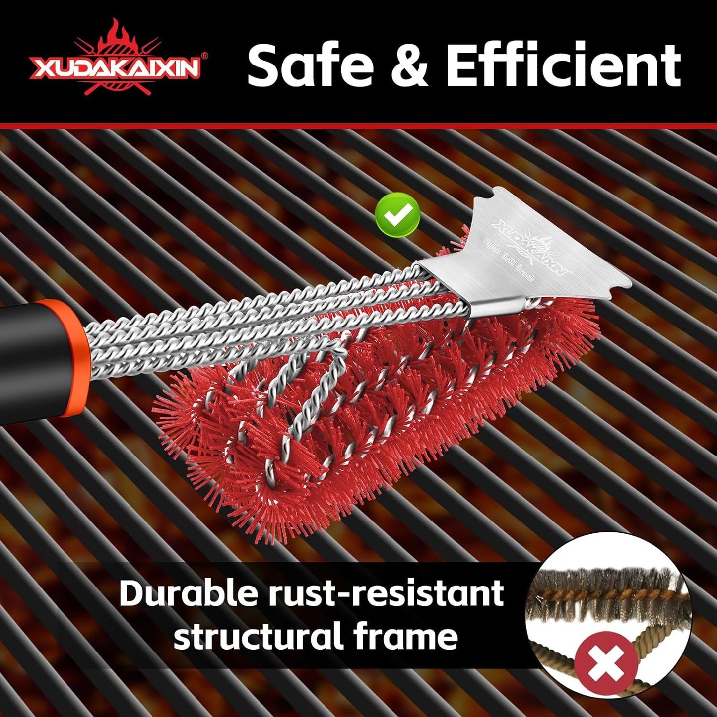 Grill Brush and Scraper, Safe Nylon Bristles Barbecue Triple Scrubbers Cleaning Brush for Cast Iron Grates/Porcelain/Weber Gas/Charcoal Grill，Extra Strong BBQ Cleaner Accessories (Red)