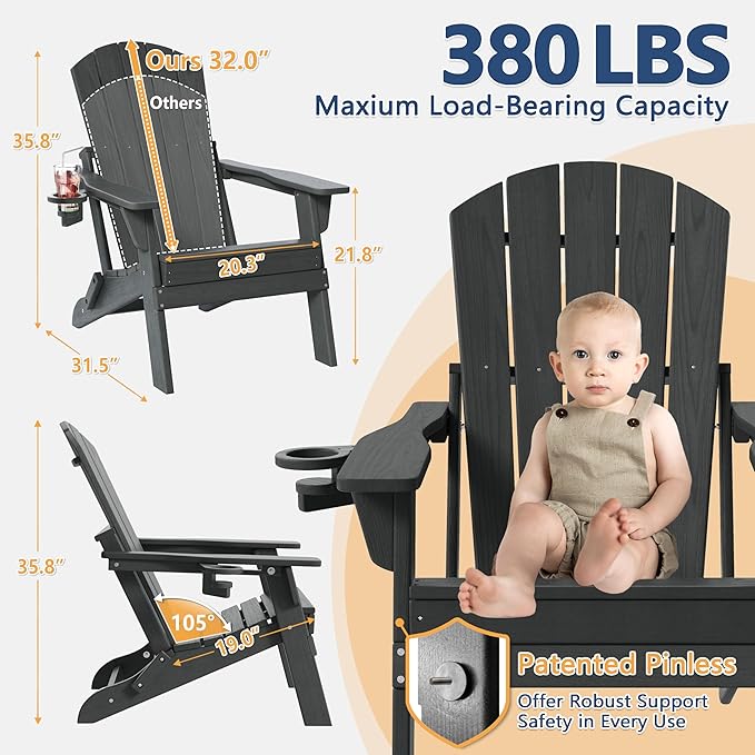 Folding Adirondack Chair Set of 3 with Cup Holder, HDPE All Weather Resistant Plastic Outdoor Patio Chairs, Heavy Duty Fire Pit Seating for Backyard Lawn Garden, Wooden Textured Design(Gray)