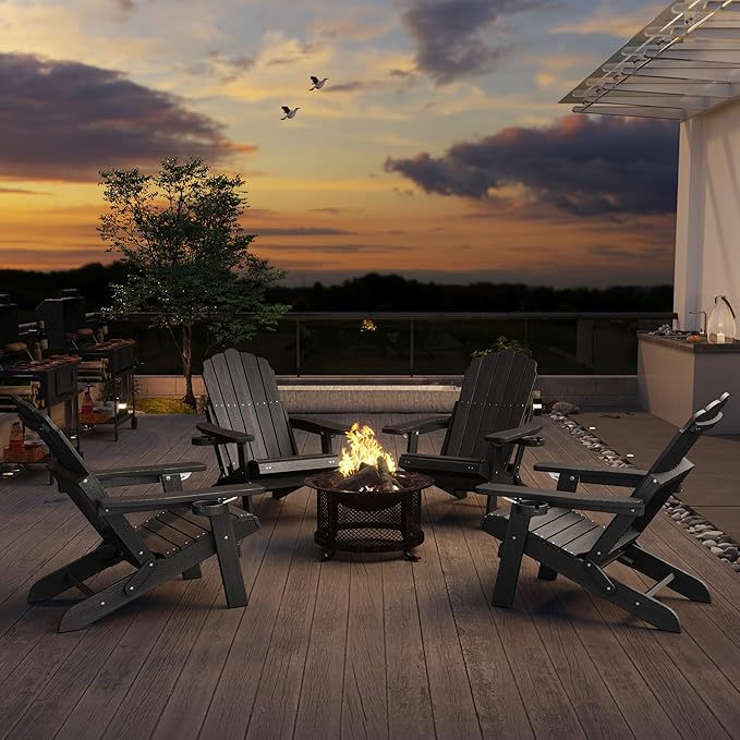 Folding Adirondack Chair with Retractable Ottoman Fire Pit Patio Chair with Adjustable Backrest, 2 Cup Holder Weather Resistant Outdoor, Patio, Lawn, Garden, Backyard Deck, Fire Pit, Black