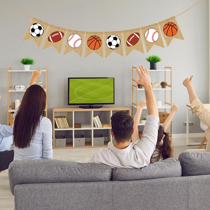 Doumeny Sports Burlap Banner Baseball Bunting Garland Sport Theme Party Hanging Banner American Football Banner Garland Basketball Soccer Banner Bunting for Birthday Baby Shower Sport Club Party Decor
