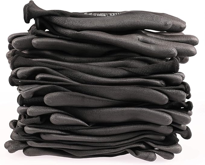 DULFINE Ultra-Thin PU Coated Work Gloves-12 Pairs,Excellent Grip,Nylon Shell Black Polyurethane Coated Safety Work Gloves, Knit Wrist Cuff,Ideal for Light Duty Work. (Large)