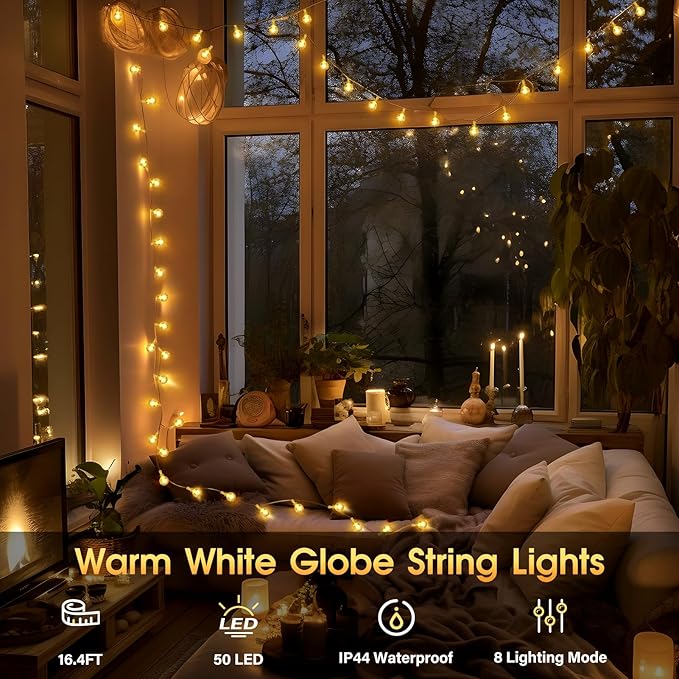 16.4ft 50LED Globe String Lights Indoor Bedroom Battery Operated, Crystal Fairy Lights IP44 Waterproof Outdoor Hanging Decorative Lights for Home Tent Patio Garden Party Wedding Decor