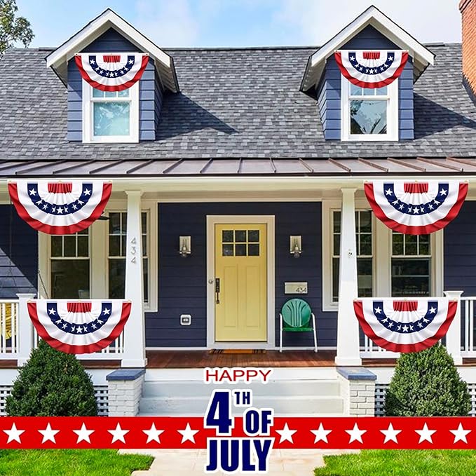 4 Pack USA Pleated Bunting Fan Flags, 1.5x3 Ft Patriotic Half Fan Banner American Flag Decoration Bunting for Outside Red White and Blue Decor Independence Day Memorial Day 4th of july Decorations