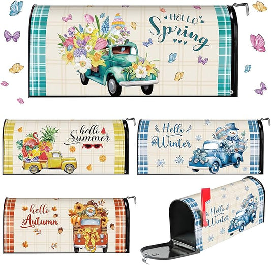 4 Pcs Hello Spring Summer Mailbox Covers Magnetic Standard Size 18 x 21 Inch Hello Autumn Winter Magnetic Mailbox Covers Wraps Decoration for Garden Yard Home Outdoor Decor