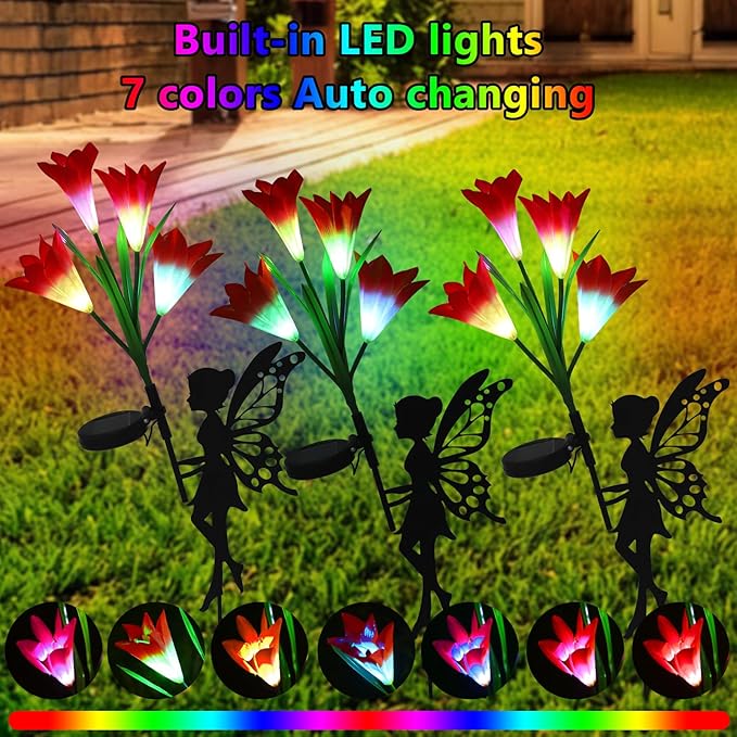 2 Pack Solar Lights Outdoor Waterproof, Outdoor Fairy Solar Lights for Yard with Flower Lights, Color Changing Solar Garden Lights, Solar Fairy Garden Decor for Patio, Lily Flower Light Gifts for Mom