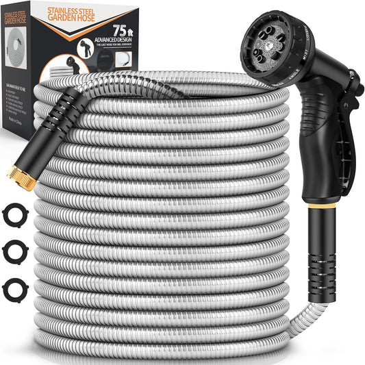 Garden Hose Metal 75FT, Stainless Steel Heavy Duty Water Hose With 10 Function Nozzle, No-Kink, Tough & Flexible, Sturdy and Lightweight, Rust Proof hose for Yard, Outdoor, RV