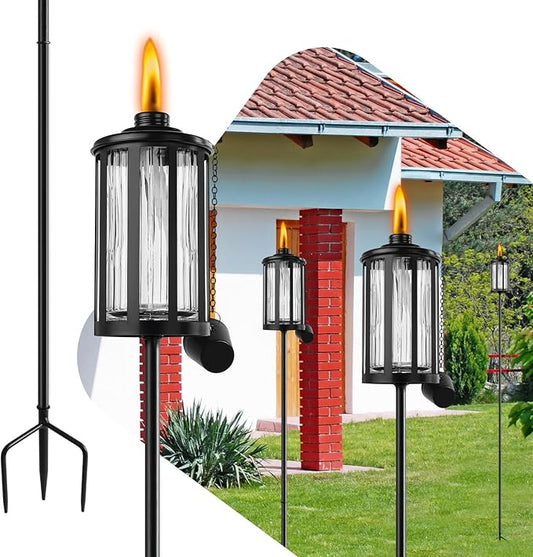 4 Pack Glass Citronella Torches, 16 oz Garden Torches for Outside with 3-Prong Grounded Stake, 55 inch Outdoor Clear Glass Flame Light Torch for Yard, Patio, Deck, Garden, Party, Landscape