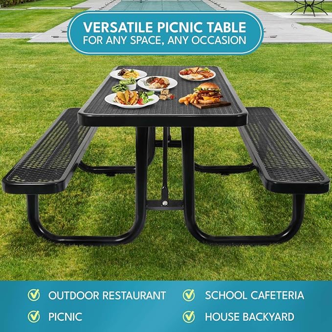 6 ft. Rectangular Outdoor Steel Picnic Table with Umbrella Pole, Heavy-Duty Weather-Resistant Dining Table for Patio, Backyard, and Garden, Rust-Resistant Finish, Black