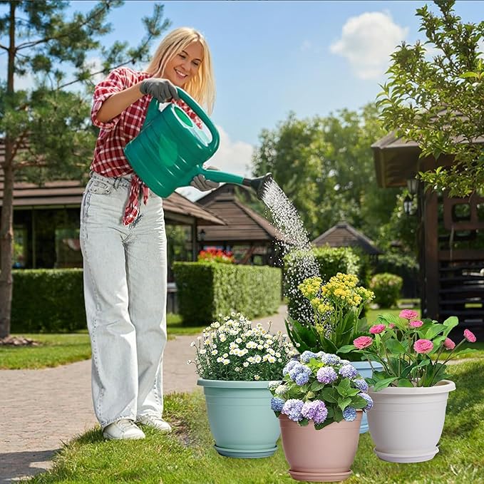 5 Packs 10 inch Plant Pots + Saucer, Planters for Indoor & Outdoor Plants with Drainage Holes | Plastic Flower Pots, Large Planter (White, 10 inch)