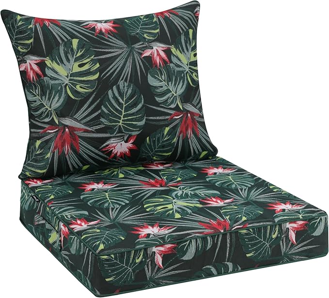 Favoyard Outdoor Seat Cushion 24 x 24 x 4 in Waterproof Pattern Fade Resistant Cover Removable Patio Furniture Cushions Deep Seat & Back Cushion Set with Adjustable Straps for Patio Chair Sofa Couch