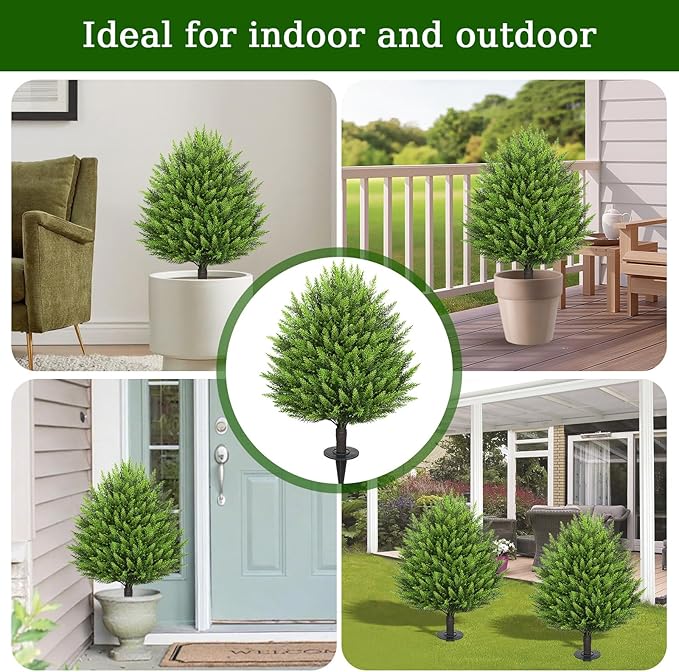 31" Artificial Cedar Topiary Ball Trees with Ground Spike,2 Pack Fake Pine Shrubs Bushes, UV Resistant Faux Evergreen Cypress Tree Plants for Indoor Outdoor Planters Front Porch Garden Decor