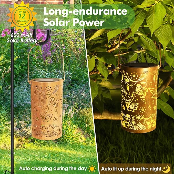 Fabuday Hummingbird Outdoor Solar Lantern Waterproof - Hanging Solar Power Lights Led for Outside, Garden Decor for Patio, Porch, Balcony, Yard and Deck, Gardening Decorations Gifts for Women Mom
