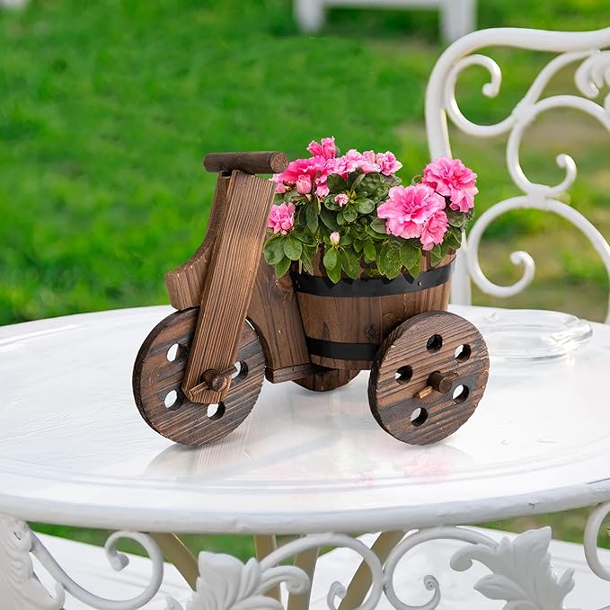 Adnee 2 Pcs Wooden Barrel Tricycle Planter-Rustic Cart Garden Planter Pot-Decorative Raised Barrel Wagon Planter for Indoor Decor Outdoor Patio Lawn Garden Backyard