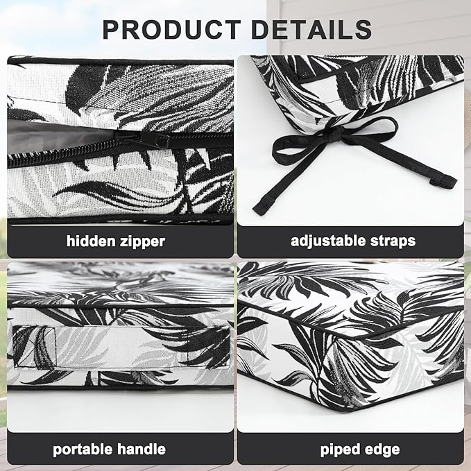 Favoyard Outdoor Chair Cushion 19 x 19 x 3 In Waterproof Pattern Fade Resistant Cushions for Patio Furniture with Removable Cover Attach Straps 28D Foam Insert Cushions Pads for Seat Sofa Couch 2 Pack