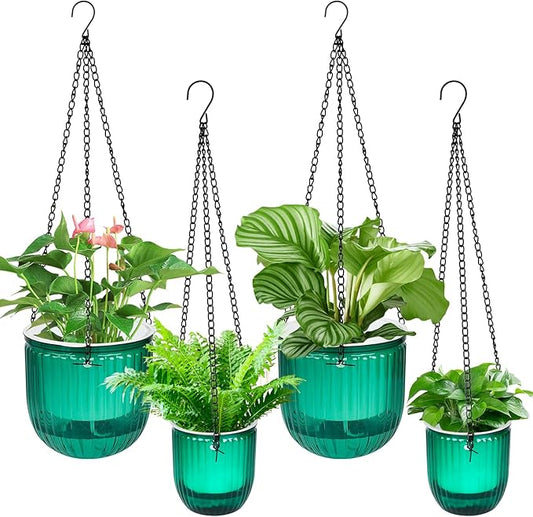4Pcs Self Watering Hanging Planters, 6.5'' 4.5'' Hanging Flower Pots, Plastic Hanging Plant Basket with Drainage Holes, Visible Hanging Planters for Indoor Plants Garden Home(Emerald)