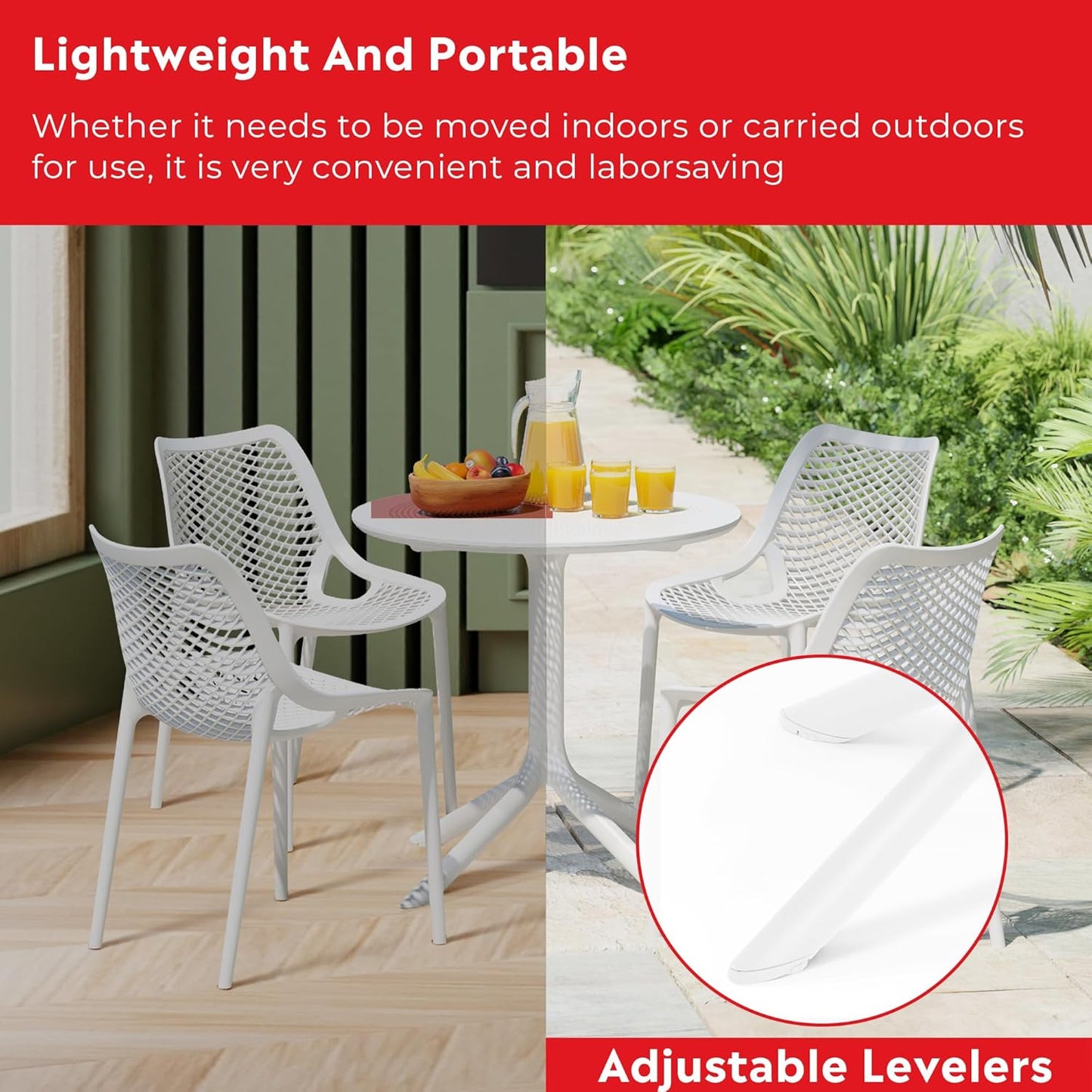 Dining Set for 4, HDPE Patio Round Dining Table and Stackable Comfortable Dining Chair, Outdoor Small Patio Furniture Set All Weather for Backyard Porch Poolside, White