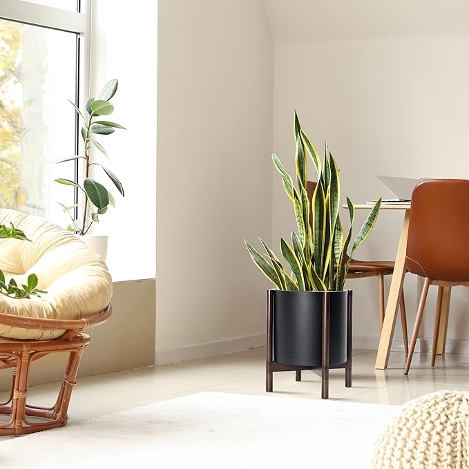 D'vine Dev Planter Pot with Stand - 14 Inch Plastic Cylinder Flower Pot with Wood Planter Holder for Indoor, Matte Black Pot + Walnut Color Stand, 55-C-R-2