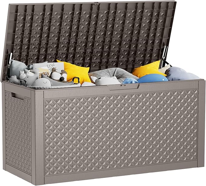 100 Gallon Resin Deck Box, Lockable Outdoor Storage Box for Patio Cushions Storage Furniture,Garden Tools, Pool Supplies, Weatherproof and UV Resistant (Grey L)