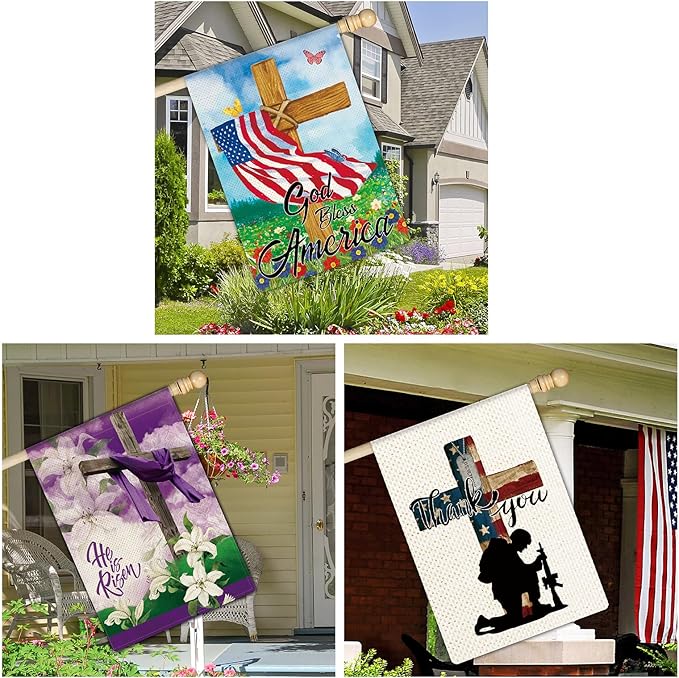 11 Pcs Christian Garden Flag Cross Yard Flags for All Season Christian Welcome Large 28 x 40 Inch Flags Double Sided Print Vertical House Flags Decorations for Home Outdoor Lawn