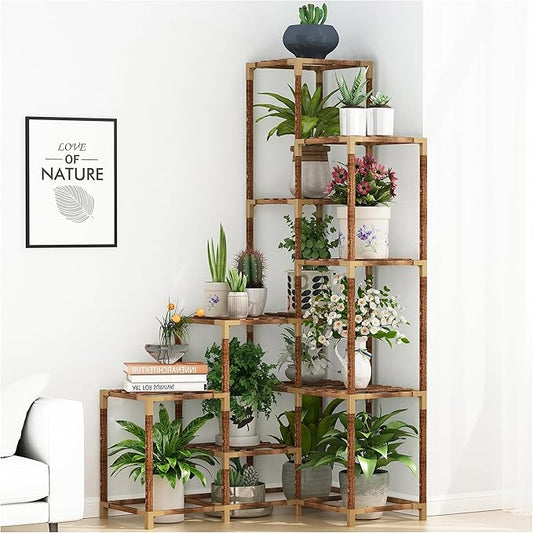 HOMKIRT Plant Stand Indoor Outdoor, 14 Tier Large Corner Plant Stand Tall Plant Shelf Rack Flower Stand For Multiple Plants, Wood Plant Holder Ladder Table Display For Patio Garden Balcony Window