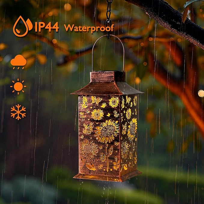 Homemory Sunflower Solar Lanterns Waterproof, Metal Hanging Hollowed-Out Metal Decor Lantern, LED Outdoor Decoration for Outside LED Lanternse for Yard, Backyard, Porch, Lawn